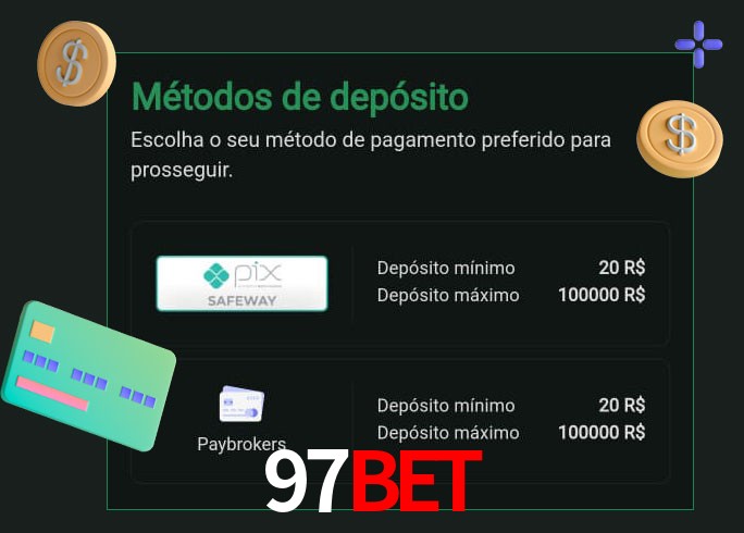 O cassino 97Bet oferece uma grande variedade de métodos de pagamento